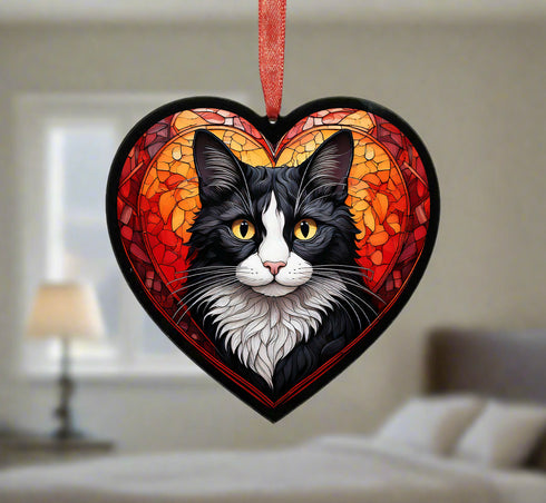 Black & White Cat Stained Glass Effect Heart Suncatcher